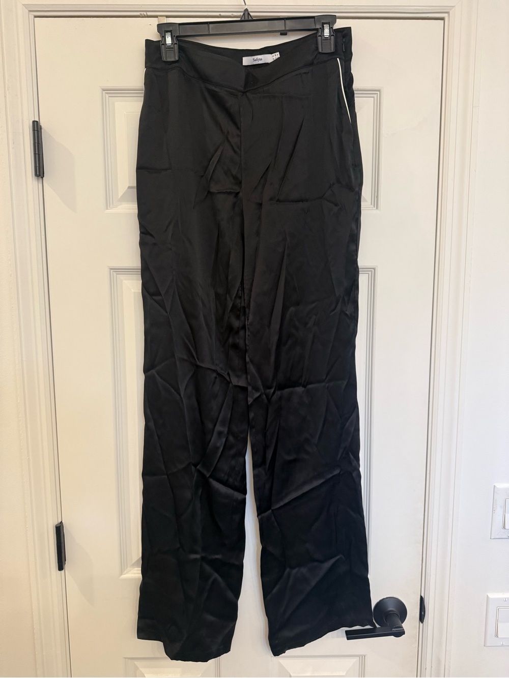 Safiyaa Black 100% Silk Trouser Straight Leg Pants White Piping size US 6